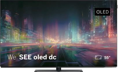 Loewe We. SEE 55 OLED dc Fernseher in Schwarz auf zentralem Standfuß, Frontalansicht mit randlosem Bildschirm und farbigem urbanem Bildmotiv