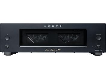 Ενισχυτής ισχύος Onkyo ICON M-80, μαύρο μεταλλικό περίβλημα, εμπρόσθια όψη, δύο μεγάλα VU-μετρητές, κουμπί αριστερά, ροδέλα δεξιά
