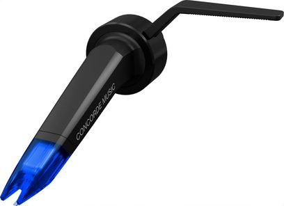 DJ-pladespillercelle fra Ortofon Concorde Music Blue, sort kabinet, blå nål, set fra en let skrå vinkel ovenfra
