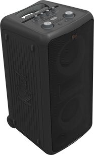Φορητό ηχείο Bluetooth Klipsch Miami, προοπτική όψη, μαύρη μπροστινή γρίλια, επάνω χειριστήρια, ενσωματωμένη λαβή