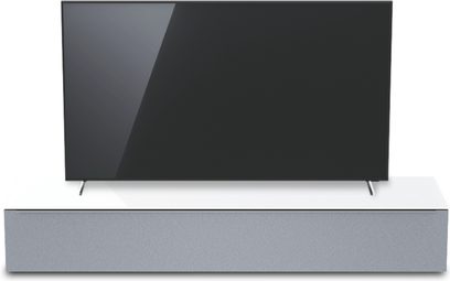 Møbel til fladskærms-TV i mat og blank antracitgrå, set forfra og oppefra, sort TV-skærm, grå soundbar, rene linjer