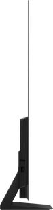 Samsung TQ77S92F TV 2025, set fra siden, sort syntetisk kabinet, ultratynd skærm, ribbet bagside, L-formet fod