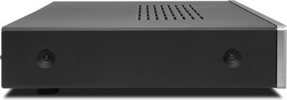 Cambridge Audio AX-A25 silver stereo hi-fi amplifier, front view, rectangular shape, black grill, buttons and inputs on the front panel