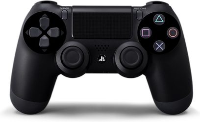 PlayStation 4 DualShock 4 sort gamingkontrol, set forfra, med synlige knapper og joysticks