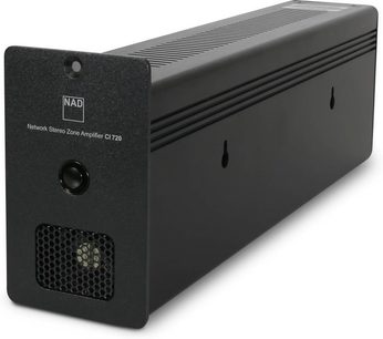 NAD CI 720 V2 siyah stereo hi-fi amplifikatör, ön görünüm, ızgara ile kapak, 2 düğme ve bağlantı noktaları, dikdörtgen kasa