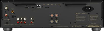 Hi-Fi підсилювач Onkyo ICON A-50, чорний металевий корпус, задній вигляд, порти HDMI ARC, USB, Ethernet, phono, клеми для підключення акустики