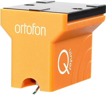 Ortofon MC Quintet Bronze vinylpickup, vy framifrån och från sidan, orange hölje med vit logotyp