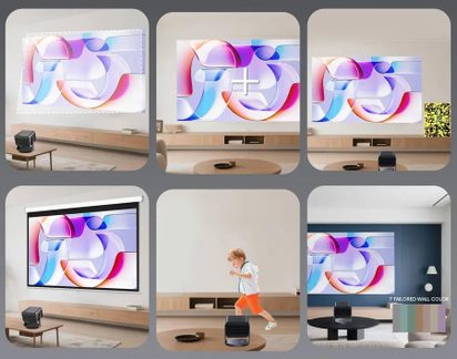 Projecteur home cinéma noir avec image abstraite colorée sur mur et écran dans un salon moderne