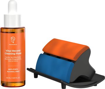 HumminGuru I-BRUSH cleaning kit with orange dropper bottle and black brush holder with blue and orange brushes