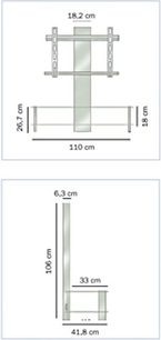Erard Basik 2464 audio-videomøbel i glas og metal, set forfra og fra siden med dimensioner, til fladskærm op til 110 cm
