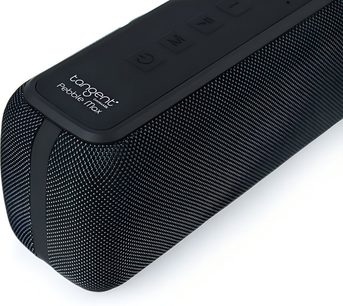 Enceinte Tangent Pebble Max noire, cylindre à maille textile, boutons supérieurs, vue en trois-quarts