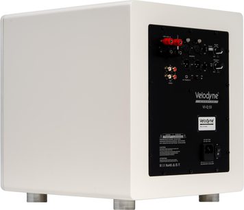 Velodyne VI-Q 10 witte subwoofer, achteraanzicht met zwart aansluitpaneel en metalen pootjes
