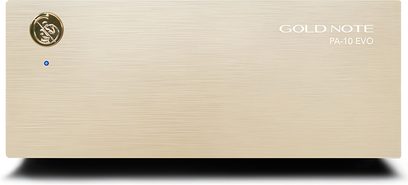 Gold Note PA-10 EVO hi-fi effektforsterker i børstet gullfinish sett forfra med rundt logo og blå LED