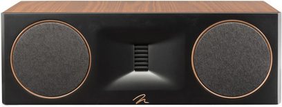 MartinLogan Motion XT C100 centerhøjttaler i valnød med to sorte, cirkulære gitre og en rektangulær diskant i midten