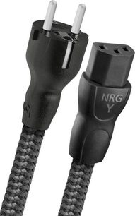 Audioquest NRG Y sort multiprise, sort med 2 stikkontakter, flettet grå ledning, set forfra og fra siden, på hvid baggrund