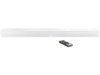 Canton Smart Soundbar 10 lydplanke i matt hvit sett forfra med TV-skjerm og svart fjernkontroll
