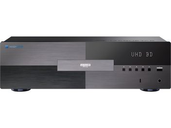 Magnetar UDP900 4K Blu-ray-spiller, sonefri, svart i børstet aluminium, frontvisning med sentralt UltraHD-platebrett, LED-display «UHD BD» til høyre, fem firkantede knapper, USB-port og rund knapp på frontpanelet