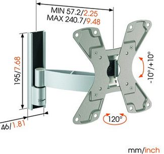 Vægmonteret TV-beslag i lys grå metal, minimums- og maksimumdimensioner i mm, rotationsvinkel 120°