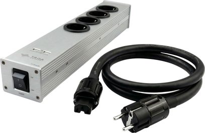 Přepěťová ochranná prodlužovačka Taga Harmony PF-400USB stříbrná, 4 zásuvky Schuko, čelní vypínač a černý síťový kabel