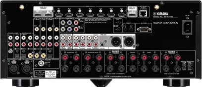 Yamaha RX-A3080 sort hjemmebiografsforstærker, frontpanel, frontvisning, mange stik og knapper, central displayskærm