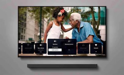 Televizor Sony BRAVIA 8 (65XR80), plochá obrazovka, pohled zepředu, zobrazené uživatelské rozhraní, soundbar umístěný pod ním