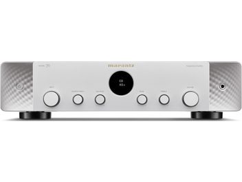Marantz Model 70 sudraba zelta krāsas integrētais stereo pastiprinātājs, skats no priekšpuses ar apaļu displeju un rotējošām vadības ierīcēm