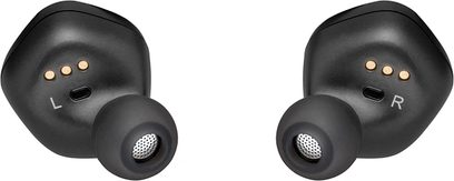 Due auricolari neri Astell&Kern AK UW100 visti di profilo, con altoparlanti e gommini in silicone