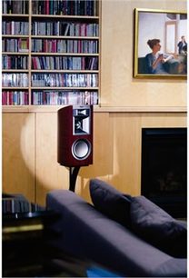 Klipsch P-17B espresso-bibliotekshøjttaler, set forfra, i et interiør med bogreol, grå sofa og maleri