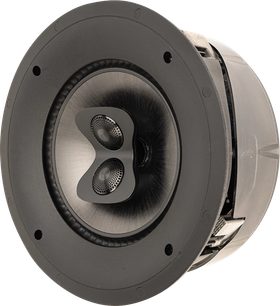 Cassa da incasso a soffitto P80-SM v2, vista frontale, forma circolare, bordo nero, doppio tweeter centrale, involucro posteriore grigio