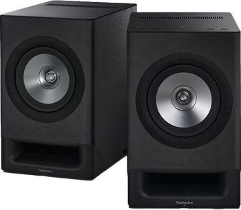Altavoces inalámbricos conectados Technics SC-CX700E-K, acabado en negro, vista frontal, dos unidades, altavoces circulares plateados