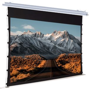 Gemotoriseerd Oray Orion spanplafondscherm 16/9 uitgerold met een afbeelding van een besneeuwd berglandschap en een kronkelende weg