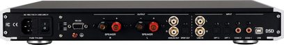 Nuprime IDA-16 sidabrinės spalvos hi-fi stereo stiprintuvas, galinė pusė, analoginiai ir skaitmeniniai garso jungtys, USB, tinklo ir maitinimo prievadai