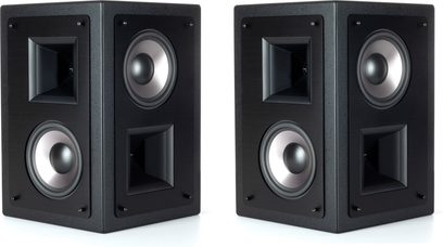 THX-5000-SUR Heimkino-Lautsprecher, schwarze Ausführung, Vorderansicht, 2 Einheiten, jede Einheit mit 2 Lautsprechern und 2 Hochtönern