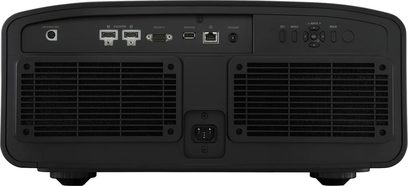 JVC DLA-NZ800 -videoprojektori, takanäkymä, kaksi tuuletusritilää, liitännät takana, musta väri