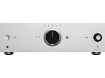 Geïntegreerde stereoversterker Onkyo ICON A-50 in zilverkleurig aluminium, vooraanzicht, centrale volumeknop, keuzeschakelaar rechts, hoofdtelefoonaansluiting