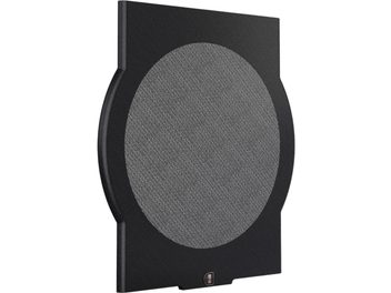 griglia di protezione Perlisten D12s, tessuto acustico grigio centrale, cornice rettangolare nera con angoli arrotondati, logo in basso, vista a tre quarti