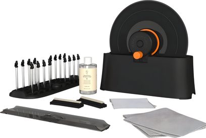 HumminGuru EZ WASHER pladerensemaskine i sort med vinylplade, børster, flaske og tilbehør