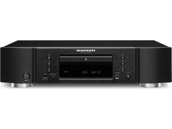 Marantz CD6007 svart CD-spiller, frontvisning, blått digitalt display, sølvfargede knapper og hjul på matt svart frontpanel