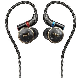 Front view of the FiiO FD3 Pro in-ear headphones in black metal, with an anthracite marbled faceplate bordered by a gold ring, and a black twisted cable featuring red and blue markers