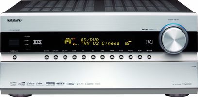 Onkyo TX-NR5008 sort home cinema receiver set forfra, blåt display, sølvfarvede knapper og drejeknapper