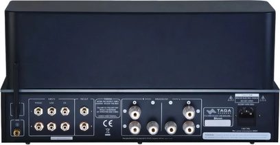 Integreret stereo rørforstærker Taga Harmony TTA-1000BT, bagside, 6 RCA-stik, 4 højttalerudgange, 1 antenne, 1 afbryder