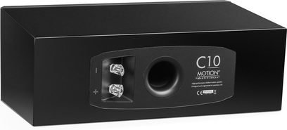 Centrální reproduktor Motion C10 v černém laku s obdélníkovým tělem, kruhovým výstupem a dvěma připojovacími svorkami na zadní straně
