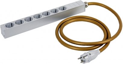 Van den Hul The MAINSTREAM Multiplug grå, 7 stik, gult flettet kabel, på hvid baggrund