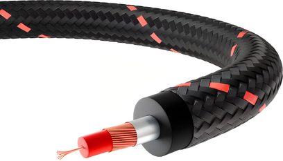 Triangle RED black subwoofer cable with braided sleeve and red inserts, cutaway view showing the internal conductor