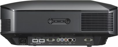 Sony VPL-HW50 sort videoprojektor, set forfra, afrundet rektangulær form, tilslutninger på bagsiden, ventilationsgitre