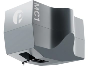 Pickup for hi-fi platespiller Pro-Ject Pick It MC1 grå sett fra vinkel med P-logo og MC1-inskripsjon synlig
