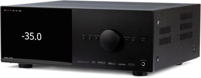 Anthem MRX 740 8K sort hjemmebiograf-forstærker, frontpanel, display "-35.0", knapper og kontrolhjul, frontvisning