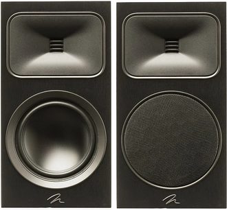 MartinLogan Foundation B2 Regallautsprecher schwarz, Vorderseite, 2 runde Lautsprecher, horizontaler Bassreflexkanal, zentriertes Logo
