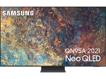 Televizor Samsung QN95A 2021 Neo QLED zobrazující abstraktní barevný obraz v modrých, oranžových a žlutých tónech