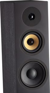 Gulvhøjttaler Davis Acoustics Krypton 9 Technik (sort), set fra en vinkel, front med 3 separate cirkulære højttalerenheder